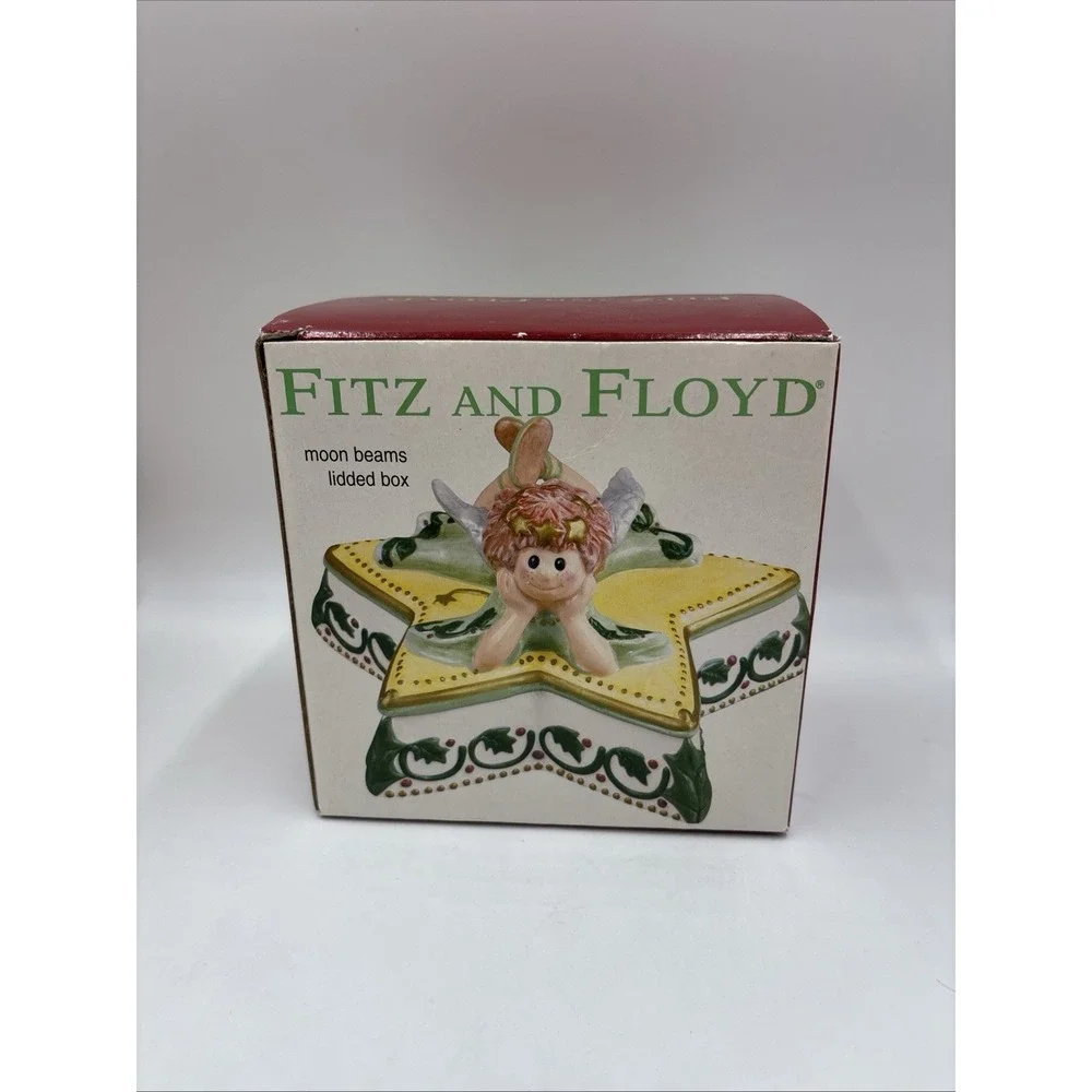 Fitz And Floyd Moonbeams Angel Lidded Trinket Box Star Shaped Holly Berry Xmas